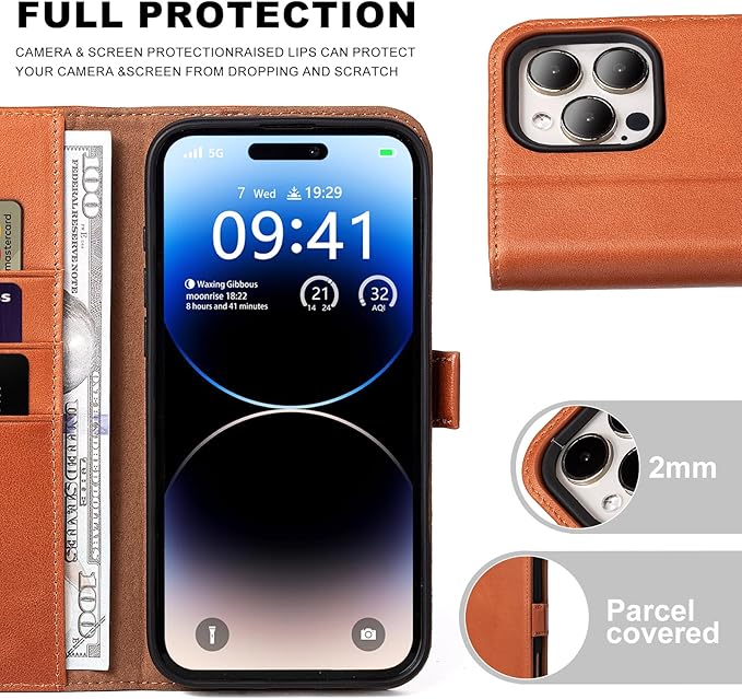 Case for iPhone 16 Pro Max 5G 2024-Genuine Leather Folio Wallet Magnetic Kickstand RFID Blocking Card Slots Shock-Absorbent Phone Cover Compatible with iPhone 16 Pro Max 6.9" (Brown)