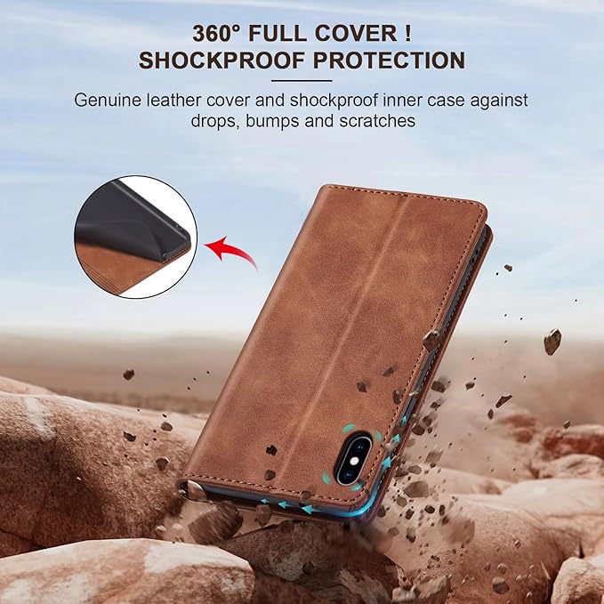 Jasonyu Flip Wallet Case for iPhone X/XS,Leather Magnetic Folio Cover with Card Holder,Kickstand - TPU Shockproof Durable Protective Phone Case,Brown