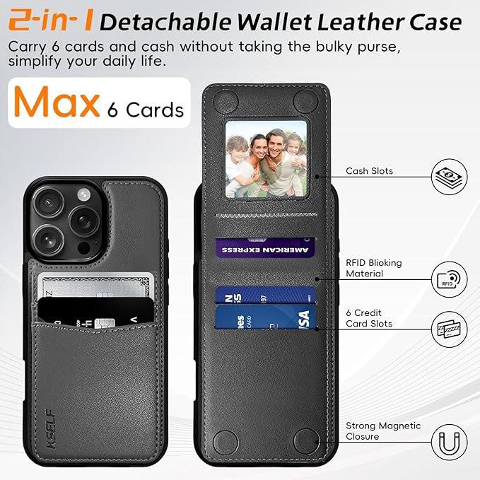 for iPhone 16 Pro Max Leather Wallet Case, Compatible with Magsafe, 2 in 1 Detachable Magnetic Card Holder, RFID Blocking Kickstand Credit Slots Flip Case for Men Women, Black