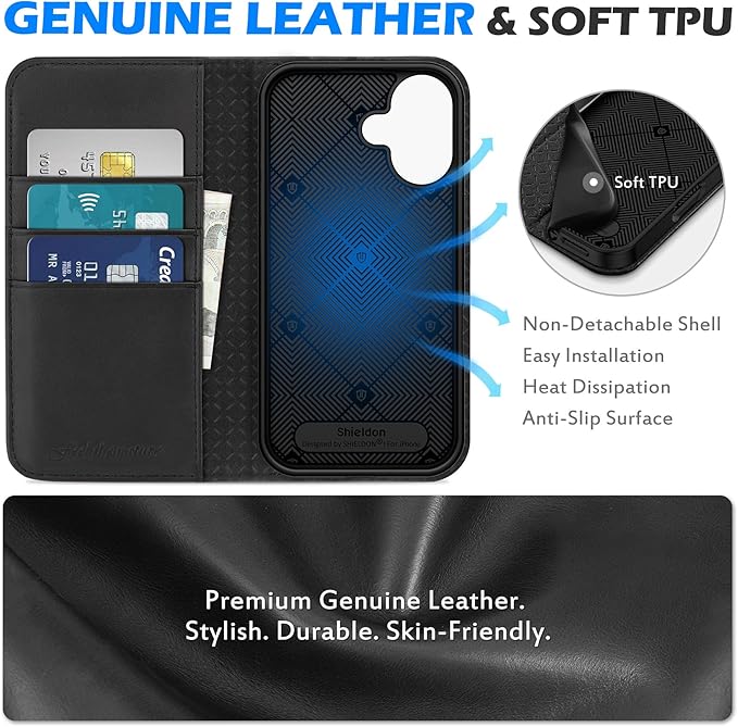 SHIELDON Wallet Case for iPhone 16 5G 2024, Genuine Leather RFID Blocking Credit Card Holder Folio Magnetic Kickstand Shock-Absorbent Protective Phone Case Compatible with iPhone 16 6.1" - Nappa Black