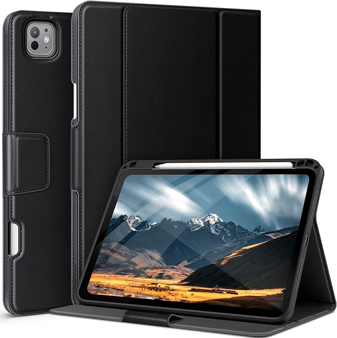 auaua Case for iPad Pro 11 Inch (M4) 2024 5th Gen (Model: A2836/A2837/A3006), with Pencil Holder and Pocket, Multiple Angles Viewing, Magnetic Closure, Auto Sleep/Wake (Black)