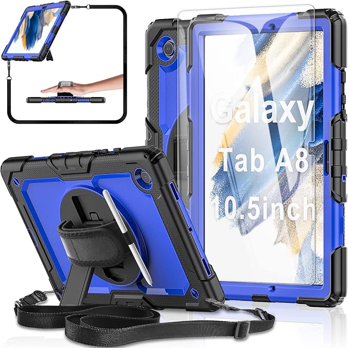 Case for Samsung Galaxy Tab A8 10.5-inch Case 2022 with Tempered Glass Screen Protector, [Kids Proof], Rotatable Kickstand/Hand & Shoulder Strap/S Pen Holder (Blue)