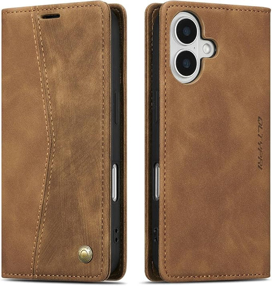 QLTYPRI for iPhone 16 Case Wallet with Card Holder, Vintage PU Leather Kickstand Magnetic Closure Shockproof Folio Book Cover Case for iPhone 16 - Retro Brown