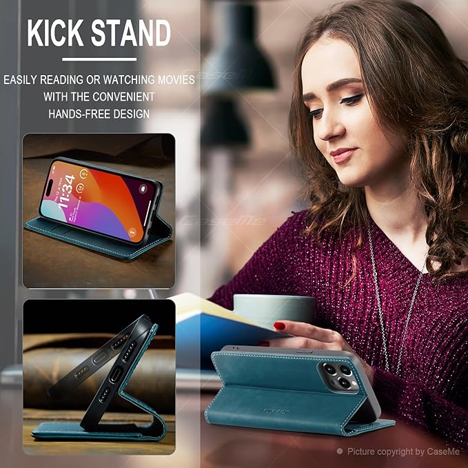 for iPhone 15 Pro Case, Flip Wallet Leather Case with Card Holder Magnetic Closure Shockproof Kickstand Protective Phone Cases Cover for iPhone 15 Pro, Blue-Green