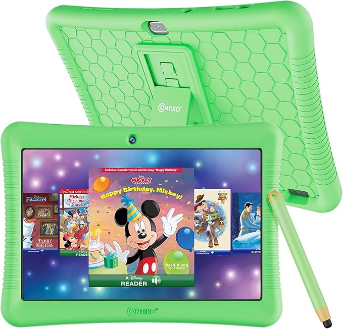 Contixo 10-Inch Kids Tablet - Ages 3-12, 80 Disney eBooks ($350 Value), 32GB Storage, Android, Parental Controls, Silicone Case w/Kickstand, STEM Learning Tablet for Older Kids - Green