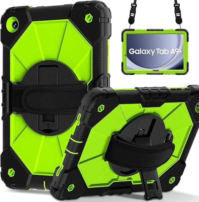 Case for Samsung Galaxy Tab A9+ 11 Inch 2023 (X210/X216/X218), Heavy Duty Shockproof Rugged 360 Rotating Hand Strap Protective Case for Galaxy Tab A9 Plus Tablet,Black+Olivine