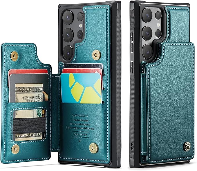 Vinich for Samsung Galaxy S24 Ultra Wallet Case with Card Holder, RFID Blocking Credit Slots Kickstand Shockproof Phone Cover for Women Men, Bluish Green
