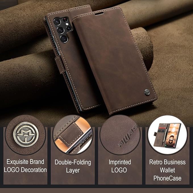for Samsung Galaxy S23 Ultra 5G Case, Flip Wallet Leather Case with Card Holder Magnetic Closure Shockproof Kickstand Protective Phone Cases Cover for Galaxy S23 Ultra 5G 6.8 Inch,Coffee