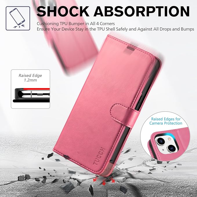 TUCCH Wallet Case for iPhone 14 6.1", Flip PU Leather Magnetic Protective Cover with [RFID Blocking] [4 Card Slots] Stand [TPU Interior Case] Compatible with iPhone 14 6.1, Hot Pink