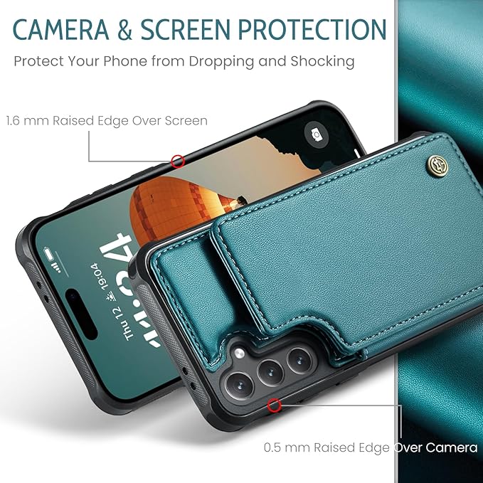 Vinich for Samsung Galaxy S24 FE Wallet Case with Card Holder, RFID Blocking Credit Slots Kickstand Shockproof Phone Cover for Women Men, Bluish Green