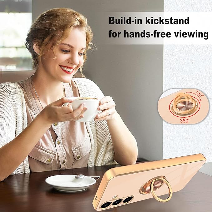 Dinick Pink for Samsung Galaxy S24 Case with Ring Holder Kickstand [with Magnetic] Soft TPU Bumper, Glitter Gold Electroplated Cover Slim Thin Protective Phone Case for Galaxy S24