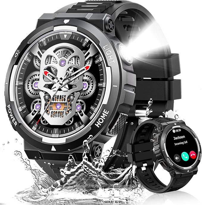 Military Smart Watch for Men(Answer/Make Call), Rugged Smartwatch with LED Flashlight/3ATM Waterproof/400mAh Battery/100+ Sports Modes/Heart Rate/Sleep Monitor, Fitness Tracker for iOS Android