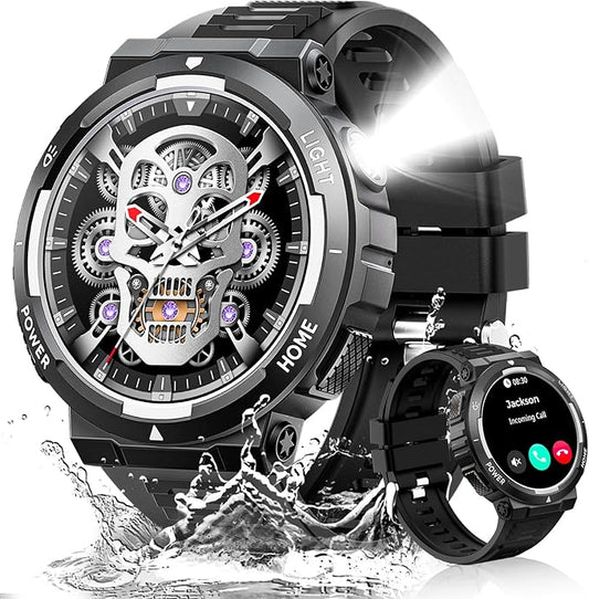Military Smart Watch for Men(Answer/Make Call), Rugged Smartwatch with LED Flashlight/3ATM Waterproof/400mAh Battery/100+ Sports Modes/Heart Rate/Sleep Monitor, Fitness Tracker for iOS Android