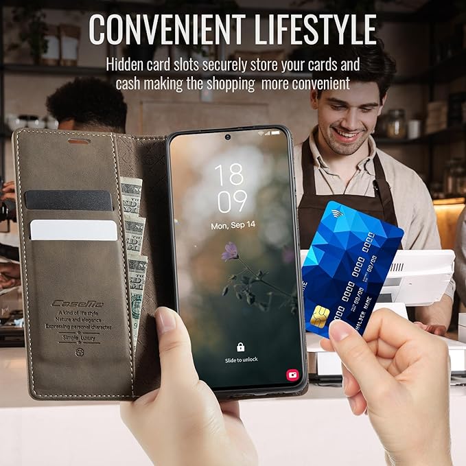 Wallet Case for Samsung Galaxy S21 Ultra Leather Wallet Flip Cover with Card Holder, Kickstand, Magnetic Closure, RFID Blocking TPU Shockproof Phone Case Compatible with S21 Ultra, Coffee