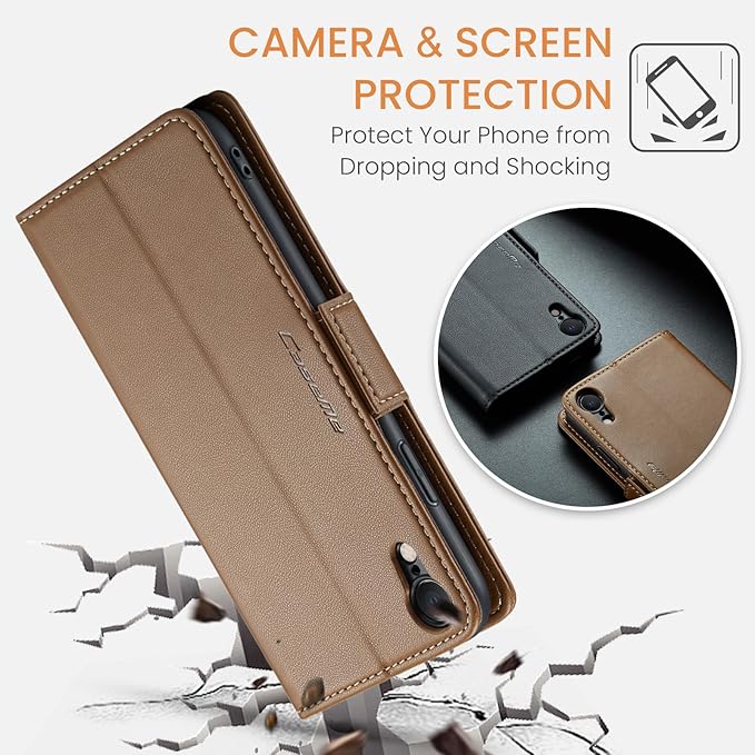 for iPhone XR Case, Premium PU Leather Wallet Case Flip Cover with [RFID Blocking][Card Holder][Stand Function] Shockproof Protective for Apple iPhone XR, Brown