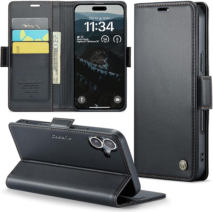 for iPhone 16 Case, Premium PU Leather Wallet Case Flip Cover with [RFID Blocking][Card Holder][Stand Function] Shockproof Protective for iPhone 16, Black