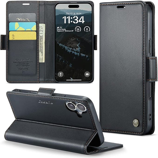 for iPhone 16 Case, Premium PU Leather Wallet Case Flip Cover with [RFID Blocking][Card Holder][Stand Function] Shockproof Protective for iPhone 16, Black