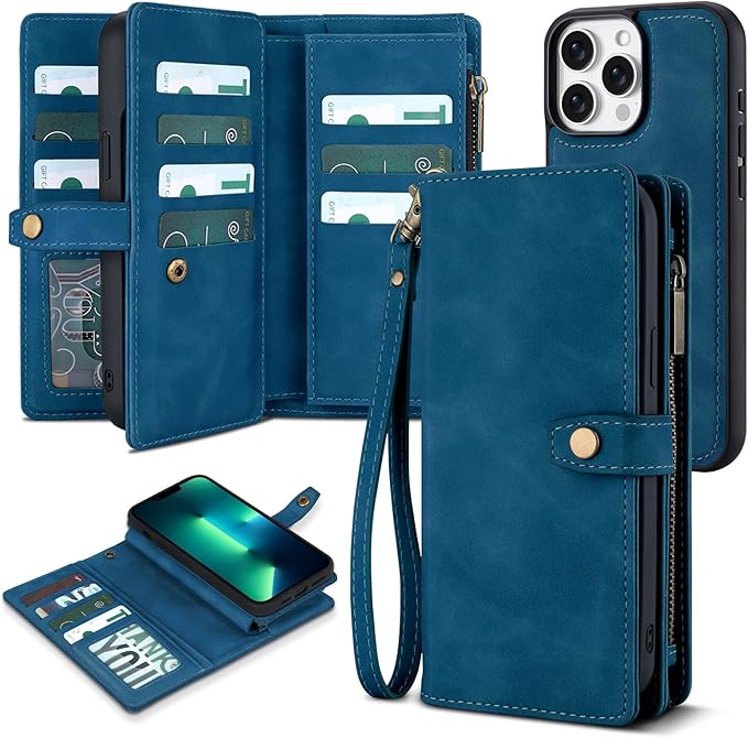 TwoHead for iPhone 13 Pro Max Wallet Case with Card Holder & Detachable Magnetic Phone Case, Leather All-Round Protection Phone Case Wallet for Women/Men,6.7 in,Navy Blue