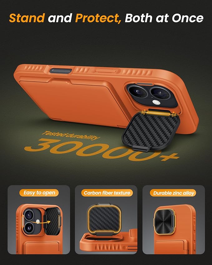 for iPhone 17 Case with Credit Card Holder, Built-in Camera Cover & Stand, Silicone Bumper Raised Edge Multifunctional Full Body Protective Phone Cover Case for iPhone 17 2025, Orange