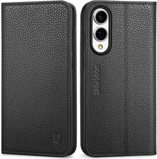 SHIELDON Case for Galaxy S25 Edge 5G, Genuine Leather Wallet Case with Kickstand RFID Blocking Credit Card Holder Magnetic Shock Absorbing Cover Compatible with Galaxy S25 Edge 6.7" - Pebbled Black