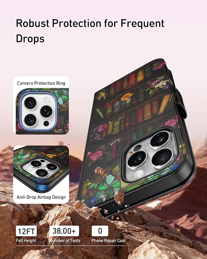 DEENAKIN for iPhone 16 Pro Wallet Case with Card Holder + Cash Clip, RFID-Blocking, Military-Grade Drop Protection, Magnetic Closure with Leather Kickstand - Bookshelf Flowers