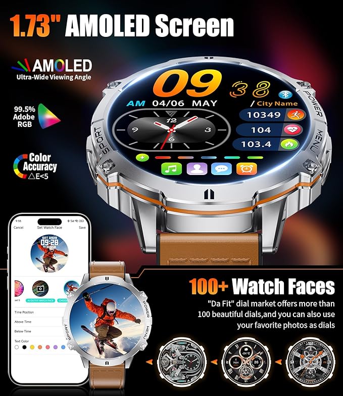 LIGE Smart Watches with 900mAh Battery,1.73" AMOLED relojes para Hombres with Bluetooth Call,110+Sports Mode Tactical Fitness Watch/Heart Rate Sleep Health Monitor/Android iOS Smart Watch