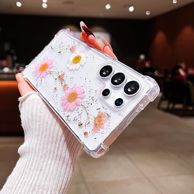 Compatible with Samsung Galaxy S25 Ultra Case Cute Pressed Dried Real Flowers Design Women Girly Shockproof Glitter Floral Clear Phone Cover for Galaxy S25 Ultra (Pink Flower)