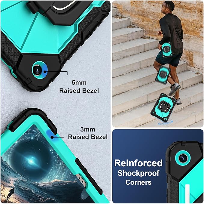 Case for Galaxy Tab A9 Plus Case 11 Inch, Rugged Galaxy A9+ Tablet Case with Screen Protector 360 Rotating Stand Shoulder Strap Pen Holder, 2023 Model(SM-X210/X216/218), Black Mint