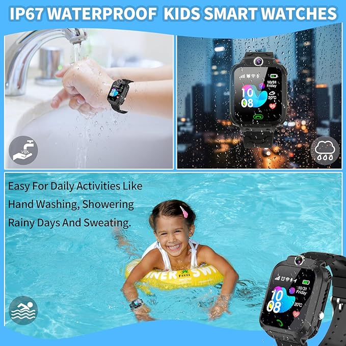 2G Kids GPS Watch, Waterproof Smart Tracker for Boys Girls Ages 3-12 - 2-Way Calling, SOS Button, No Games, 7-Day Battery, Birthday Gift (Black)
