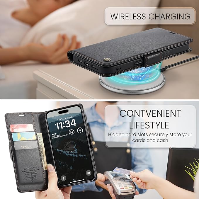 for iPhone 16 Case, Premium PU Leather Wallet Case Flip Cover with [RFID Blocking][Card Holder][Stand Function] Shockproof Protective for iPhone 16, Black