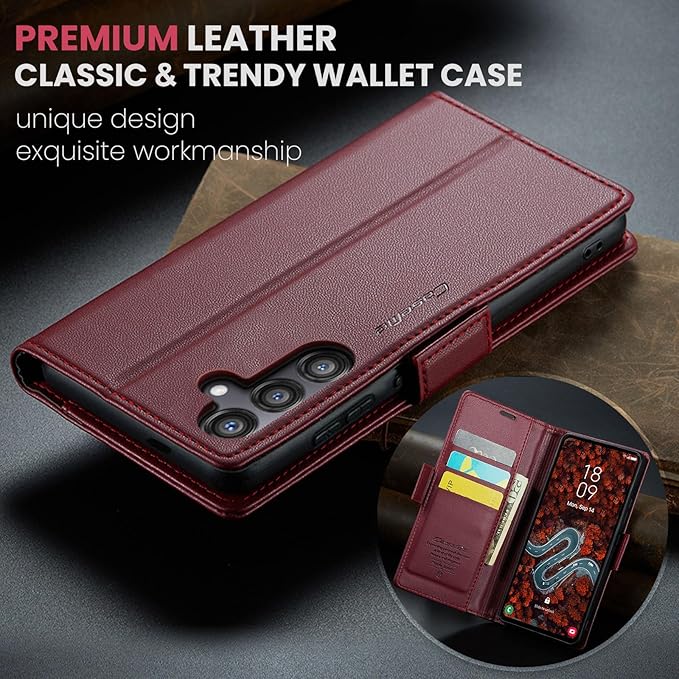 AUPAI for Samsung Galaxy S24 Plus Wallet Case with Credit Card Holder, PU Leather RFID Blocking Folio Flip Kickstand Magnetic Clasp Protective Phone case for Women Men Wine Red