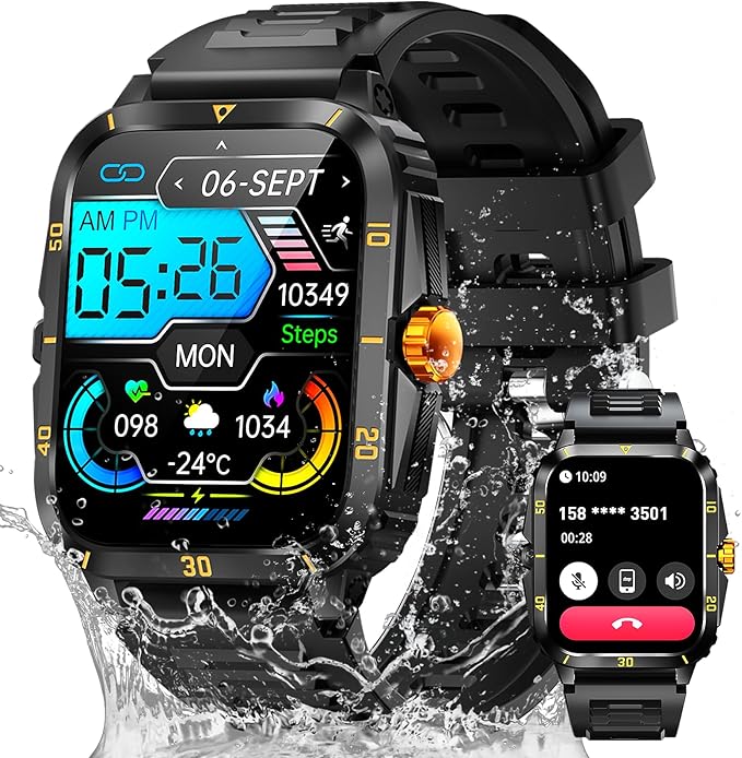 Military Smart Watches for Men (Make/Answer Call) 1.96" Screen Outdoor Activity Tracker with 100+ Sport Modes Health Monitor 3ATM Waterproof Smartwatch