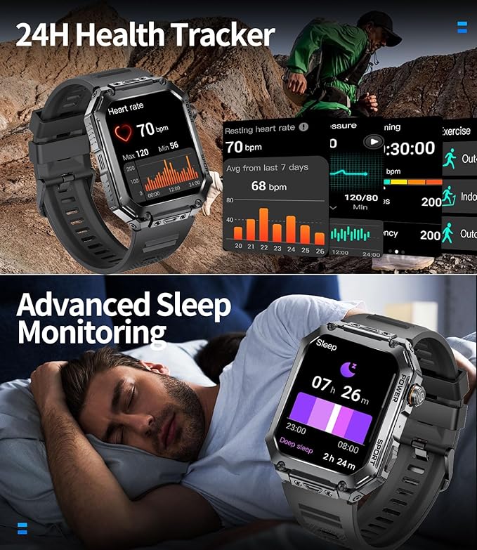 LIGE Military Smart Watches for Men, 1.96'' HD Screen with Answer Make Call Smart Watch for iOS Android Phone, Fitness Tracker with Heart Rate Sleep Monitor, 5ATM Waterproof Smartwatch