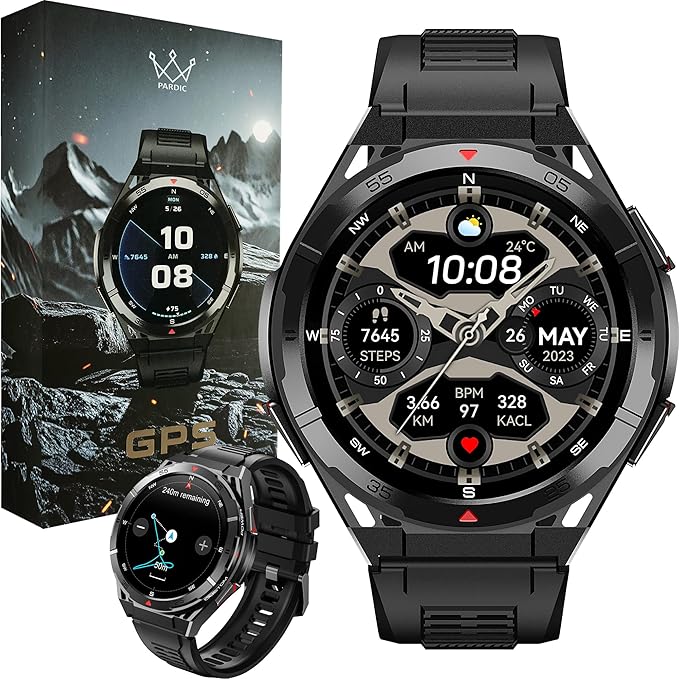 Military GPS Smart Watch: 1.43” AMOLED Always On Display, Built-In GPS, Compass, Altimeter, Barometer, Fitness/Path Tracker, BT Call, 150+ Sports, IP69K, Voice Assist, Long Battery Life, Android/iOS
