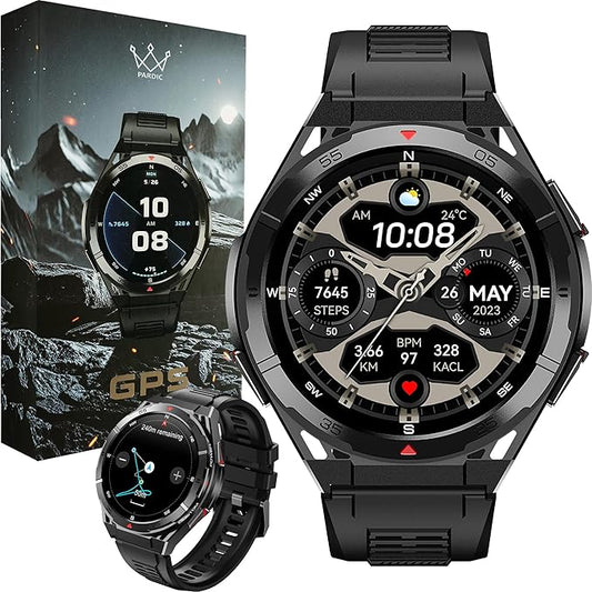 Military GPS Smart Watch: 1.43” AMOLED Always On Display, Built-In GPS, Compass, Altimeter, Barometer, Fitness/Path Tracker, BT Call, 150+ Sports, IP69K, Voice Assist, Long Battery Life, Android/iOS