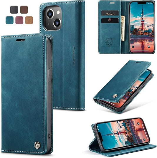 for iPhone 14 Plus Case, Flip Wallet Leather Case with Card Holder Magnetic Closure Shockproof Kickstand Protective Phone Cases Cover for iPhone 14 Plus, Blue-Green