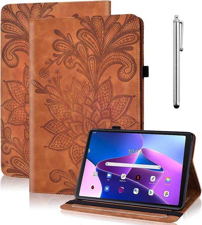 Case for Lenovo Tab M10 Plus 3rd Gen 10.6 Inch 2022 (TB125FU/128FU), Embossed Lace PU Leather Flip Folio Tablet Case with Elastic Band & Card Slots/Holder, Multi-Angle Viewing Stand Cover, Brown