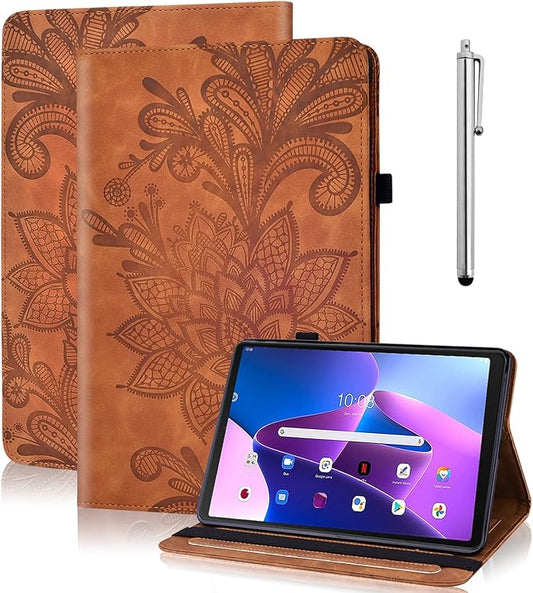 Case for Lenovo Tab M10 Plus 3rd Gen 10.6 Inch 2022 (TB125FU/128FU), Embossed Lace PU Leather Flip Folio Tablet Case with Elastic Band & Card Slots/Holder, Multi-Angle Viewing Stand Cover, Brown