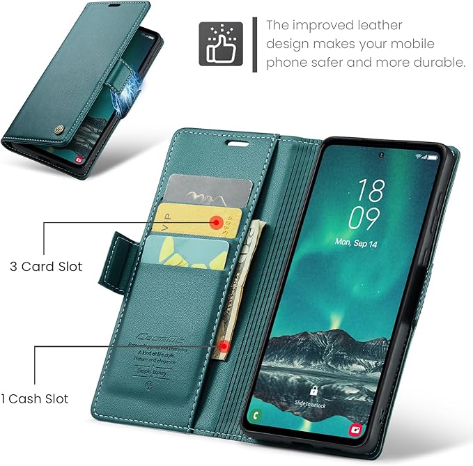 Case for Samsung Galaxy S23 FE Wallet Case, RFID Blocking PU Leather Flip Folio Cover Card Holder Kickstand Shockproof Phone Case Compatible with Samsung Galaxy S23 FE, Blue Green