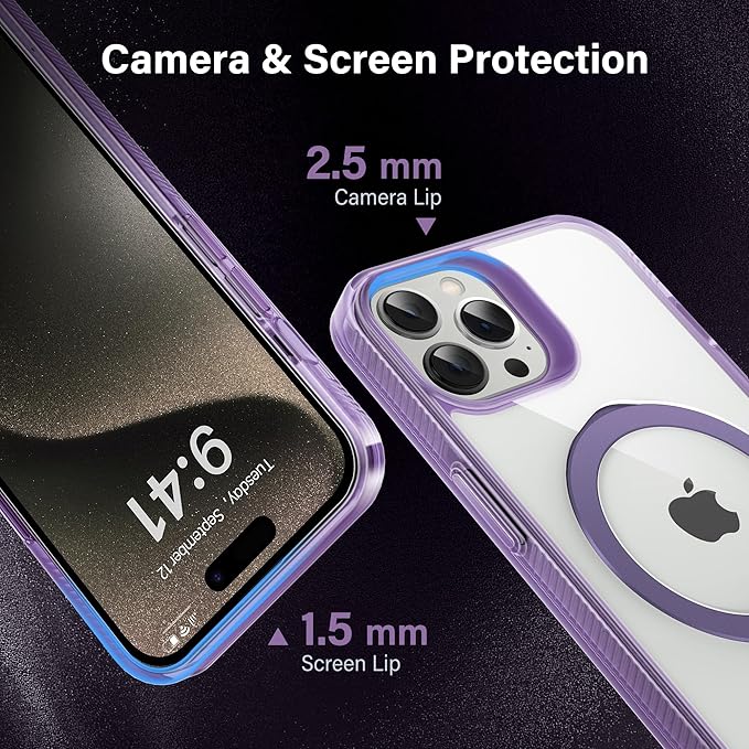 Magnetic Case for iPhone 15 Pro Max - [Built-in Invisible Stand] [Compatible with MagSafe] [Military Grade Drop Protection] Anti-Yellowing Hard Back Silicone Edge Cover, 6.7", Clear Purple