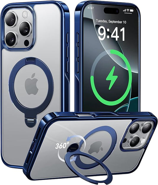 CASEKOO Titanium 360° Rotatable Magnetic Stand for iPhone 16 Pro Max Case [Compatible with Magsafe][16FT Military Protection] Transparent Slim Polished Phone 16 ProMax Case with Stand Ring 6.9'', Blue