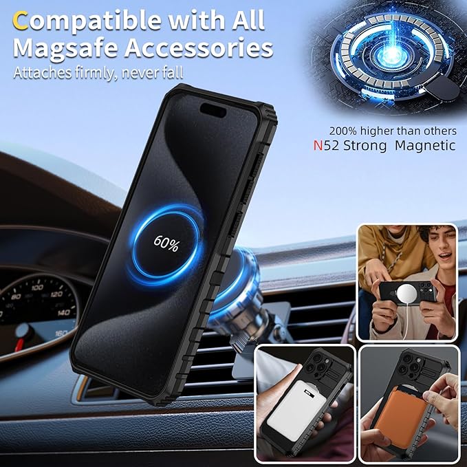 Magnetic for iPhone 14 Pro Max Case Compatible with MagSafe Wireless Charging,for 15 Pro Max Case with 2 Screen Protectors,Built-in Kickstand Ring,Shockproof Heavy Duty Protection,Black
