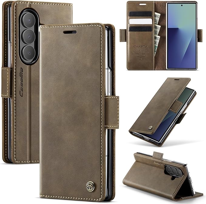 for Samsung Galaxy Z Fold 7 Case, Flip Wallet Leather Case with Card Holder Magnetic Closure Shockproof Kickstand Protective Phone Cases Cover for Galaxy Z Fold 7, Coffee
