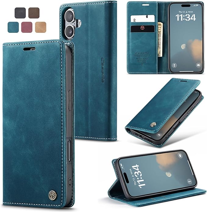 for iPhone 16 Plus Case, Flip Wallet Leather Case with Card Holder Magnetic Closure Shockproof Kickstand Protective Phone Cases Cover for iPhone 16 Plus, Blue-Green