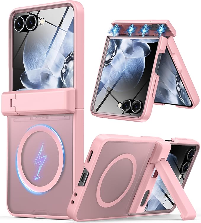 for Samsung Galaxy Z Flip 7 Case Fit for Magsafe [Hinge Protection＆ Kickstand][Built-in Screen Protector][Translucent Matte] 15FT Military Shockproof Full Body Phone Case for Z Flip 7,Pink