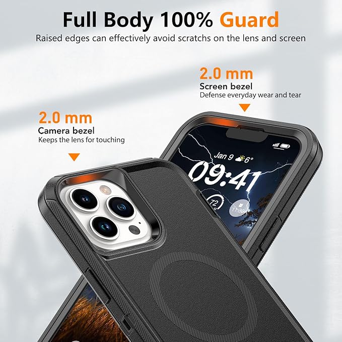 for iPhone 13 Pro Max & 12 Pro Max Case with Belt Clip Holster, Anti-Shock, Anti-Slip, Compatible with MagSafe, 3-Layer Drop Protection, Heavy Duty Magnetic Phone Case Cover, 6.7", Black