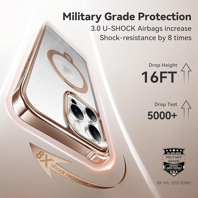 CASEKOO Desert Titanium 360° Polished for iPhone 15 Pro Case with Spin Magnetic Stand [Compatible with Magsafe][16FT Military Protection] Clear Back for 15 Pro Case Ring Kickstand 6.1'', Rose Gold