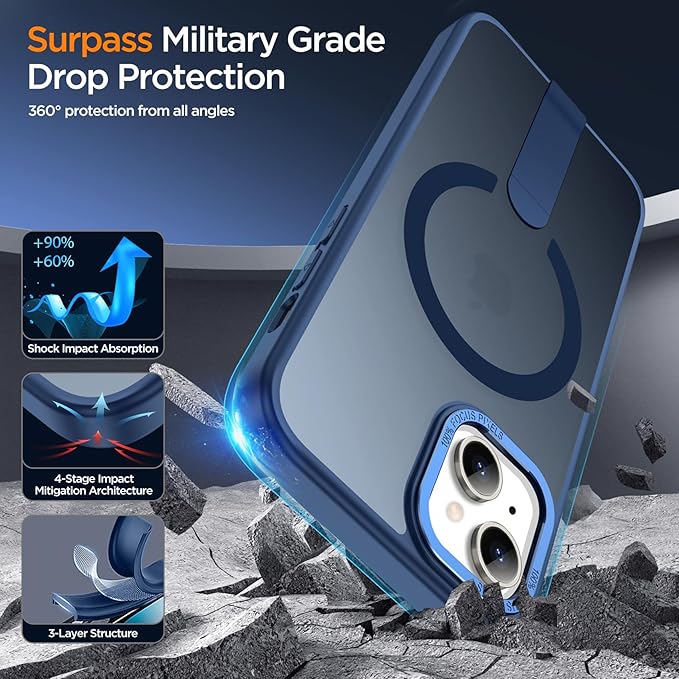 for iPhone 13 Case with Kickstand, [Invisible Stand] Compatible with MagSafe, Anti-Slip Shockproof Military-Grade Protection, Magnetic Slim Translucent Phone Case for iPhone 13 Cover (Blue)