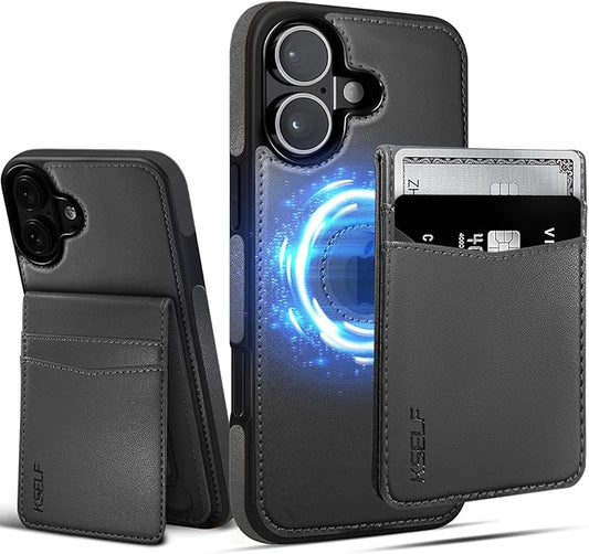 for iPhone 16 Leather Wallet Case, Compatible with Magsafe, 2 in 1 Detachable Magnetic Card Holder, RFID Blocking Kickstand Credit Slots Flip Case for Men Women, Black