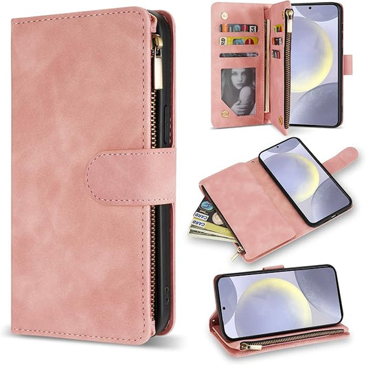 ZZXX for Samsung Galaxy S24 Plus Wallet Case with RFID Blocking Card Slot PU Leather Zipper Flip Folio with Strap Kickstand Protective Cover for Samsung Galaxy S24+ Case Wallet(Pink-6.7 inch)